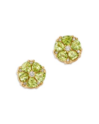 Peridot & Diamond Flower Stud Earrings in 14K Yellow Gold