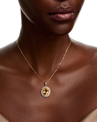 Citrine & Diamond Halo Pendant Necklace in 14k Yellow Gold, 16"