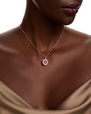 Ruby & Diamond Halo Pendant Necklace in 14K Rose Gold, 16"
