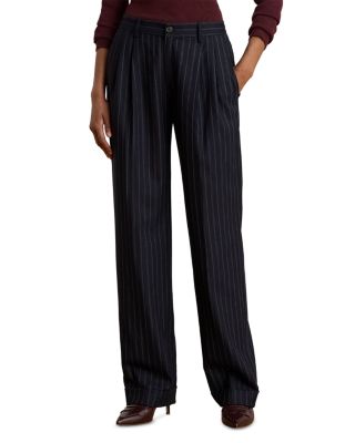 Striped Pleated Wool Blend Twill Pants
