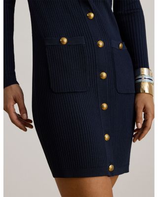 Button Trim Rib Knit Sweater Dress