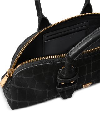 Embossed Suede Baguette Bowling Bag