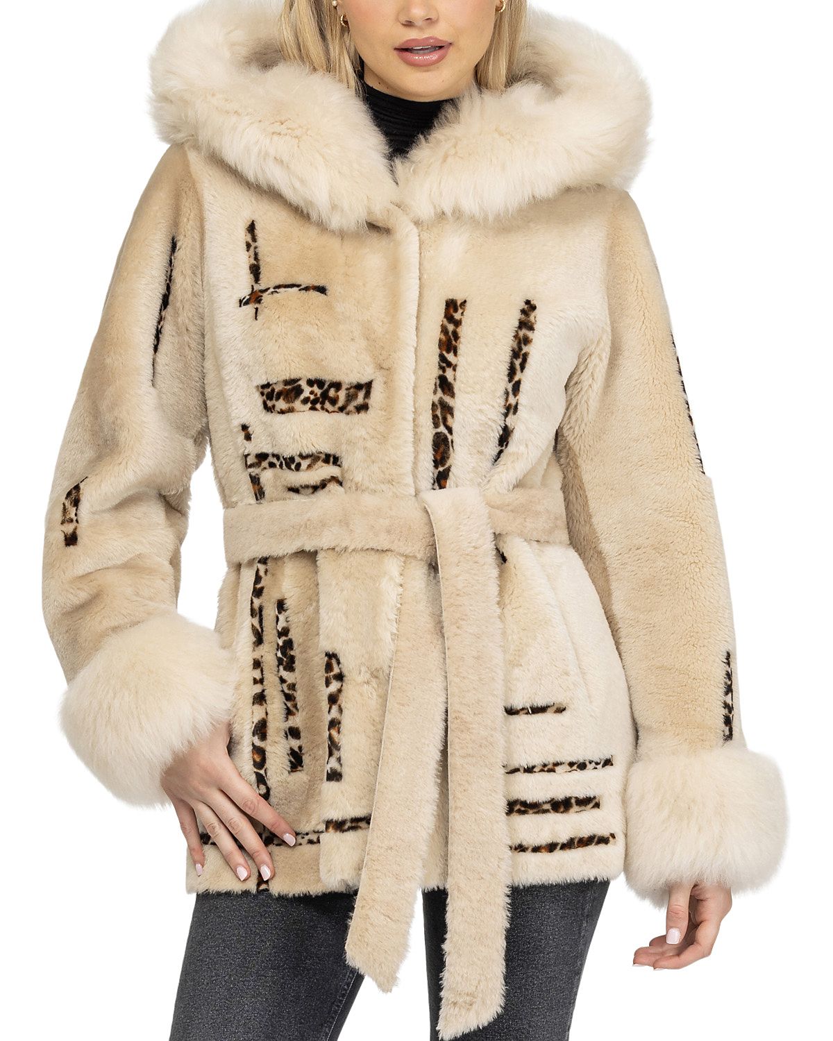 Gorski Reversible Shearling Parka Coat with Shearling Hood Trim & Cuffs with Belt