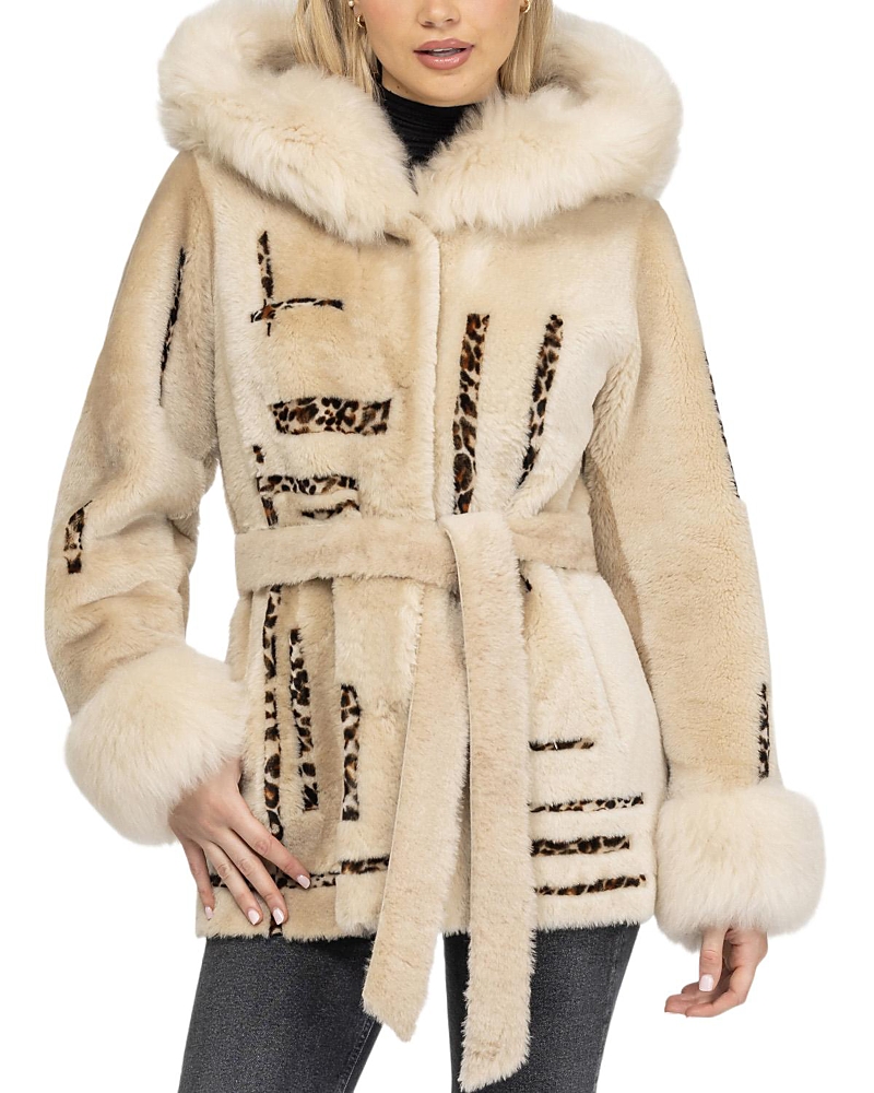 Gorski Reversible Shearling Parka Coat With Shearling Hood Trim & Cuffs With Belt In Neutral