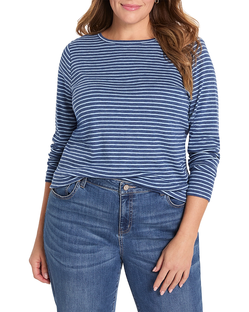 Nic+zoe Plus Long Sleeve Striped Boat Tee In Blue