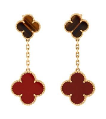  Magic Alhambra 2 Motifs Drop Earrings 18K Gold with Tiger's Eye and Carnelian