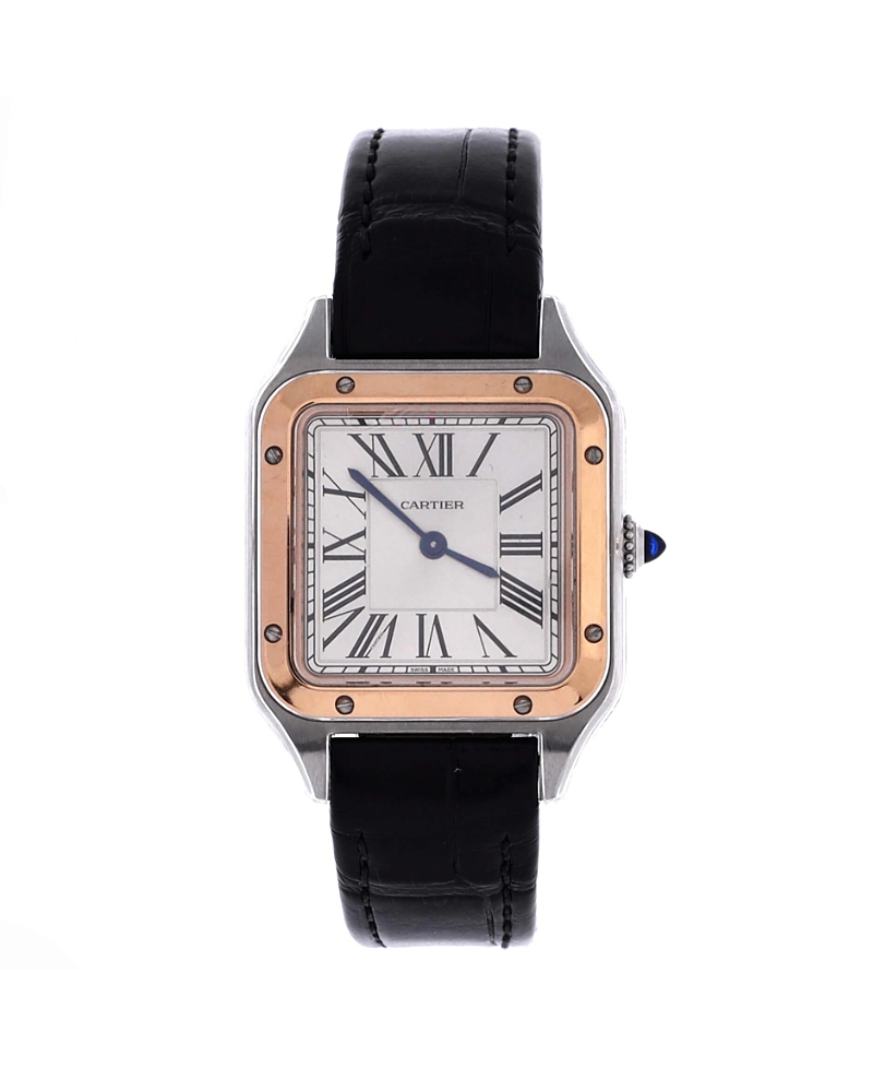 PRE-OWNED CARTIER Pre-owned Cartier Santos Dumont Quartz Watch In Stainless Steel With Rose Gold And Alligator 27mm In Silver
