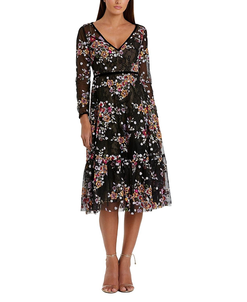 Mac Duggal Floral Embroidered Tea Length Dress In Multi