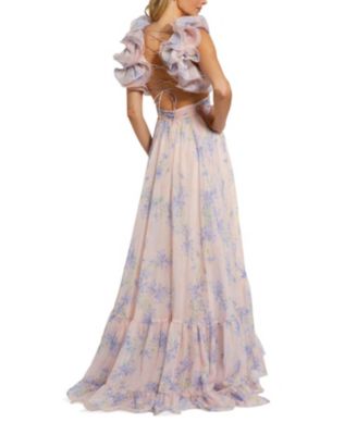 Ruffle Tiered Floral Cut-Out Chiffon Gown