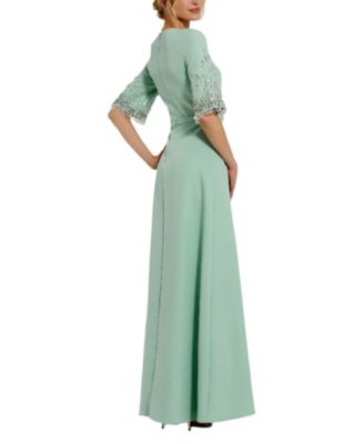  Crepe A Line Gown With Beaded 3/4 Sleeves