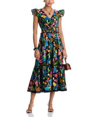 Tropical Ruffled Sleeve V Neck Midi Dress - Exclusive