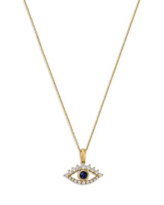 Blue Sapphire & Diamond Evil Eye Pendant Necklace in 14K Yellow Gold, 16-18"