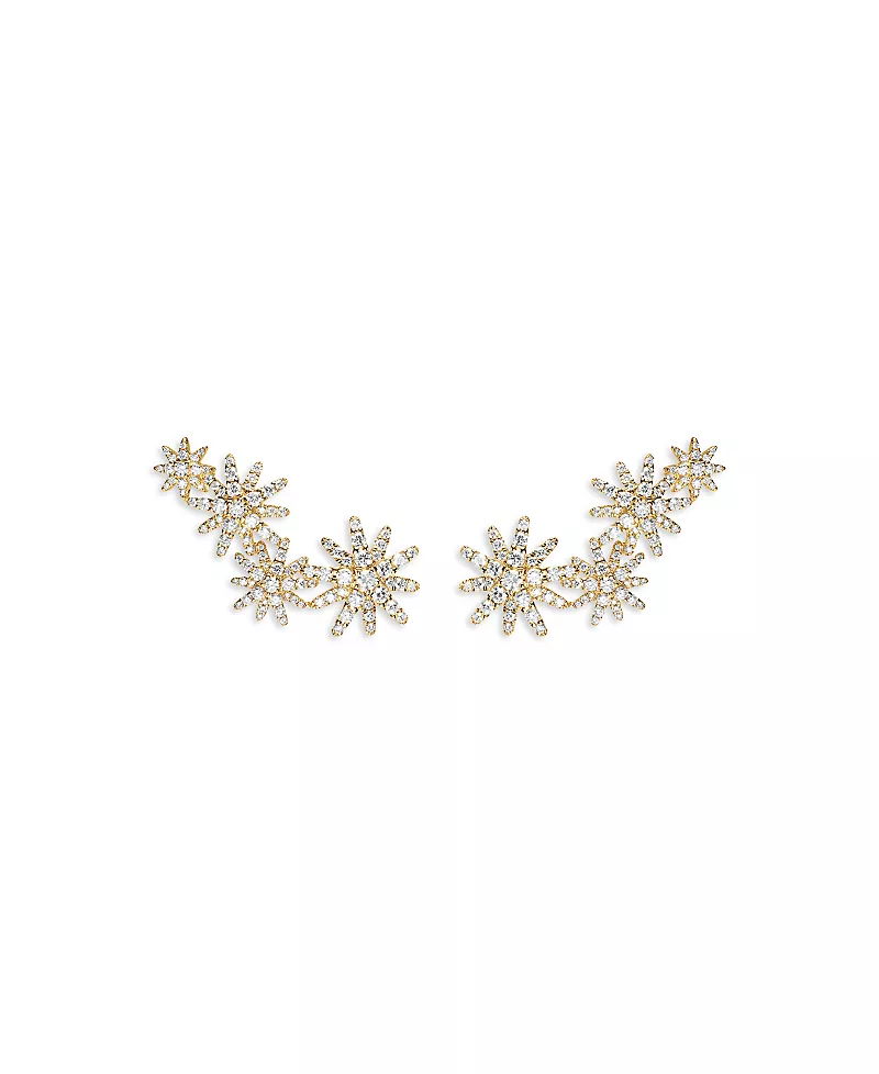 Starburst Full Pave Climber Earrings in 18K Yellow Gold with Diamonds, 26.9mm