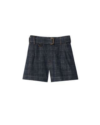 Belted Check Denim Shorts