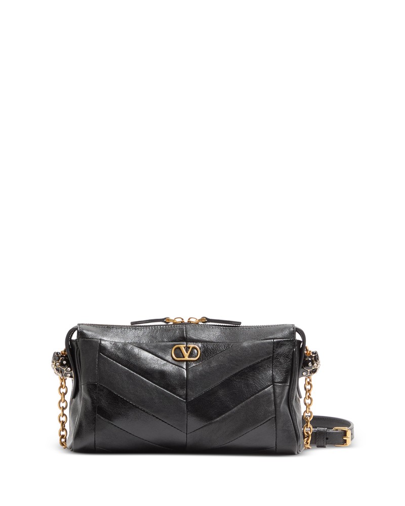 Valentino Garavani Panthea Small VLogo Leather Shoulder Bag in Black
