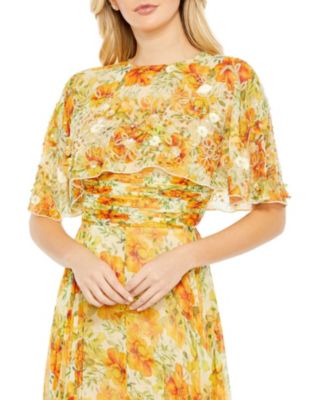  Floral Print High Neck Cape Sleeve A Line Gown