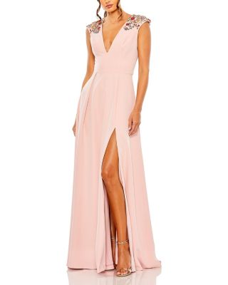  Women's Beaded Cap Sleeve V Neck A Line Gown