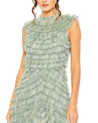 Floral Ruffle Tiered Mesh Mock Neck Sleeveless Dress