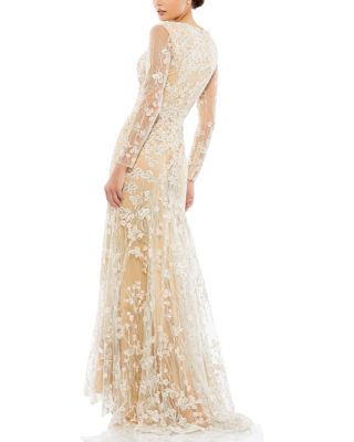Embroidered V Neck Long Sleeve Trumpet Gown