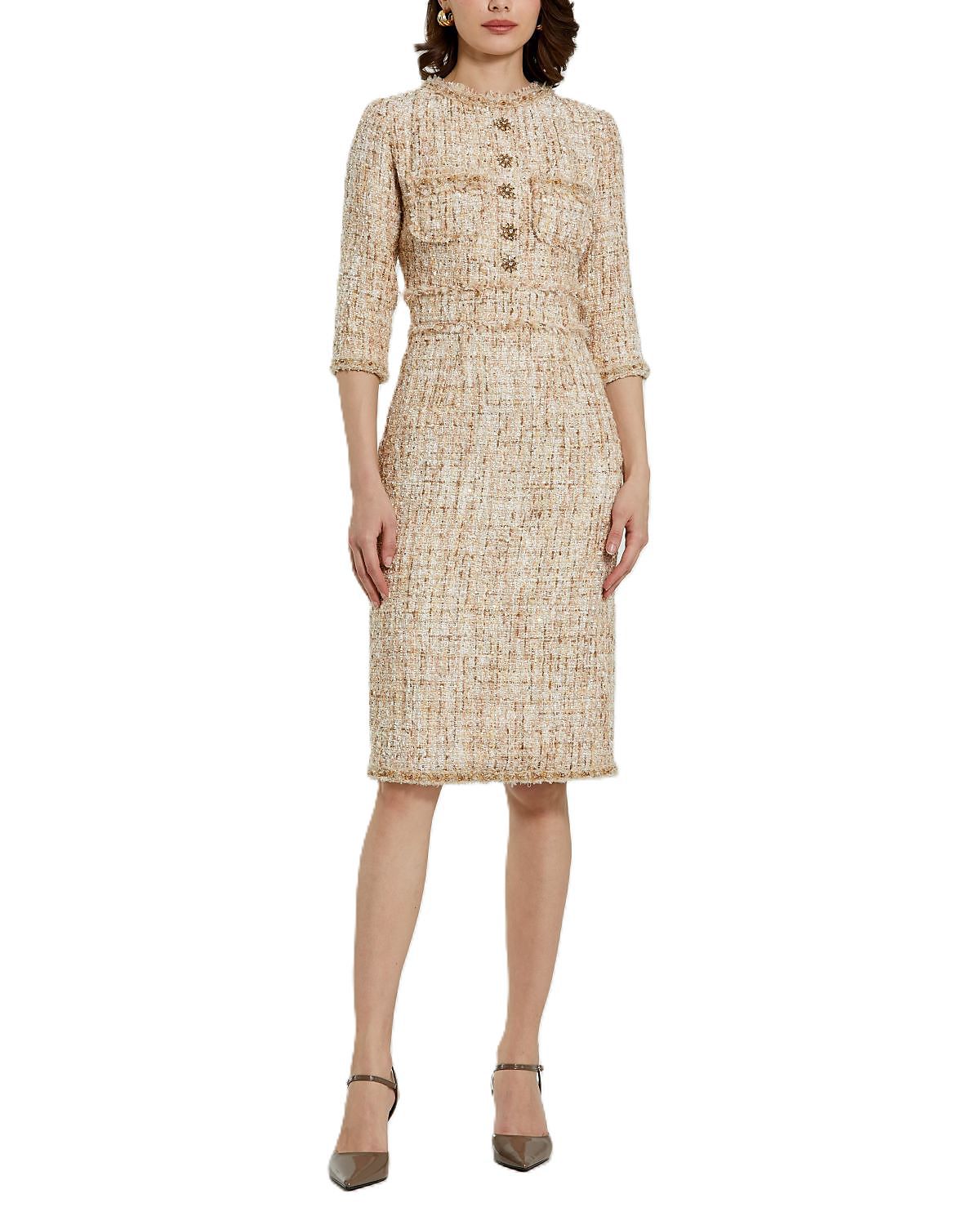 Mac Duggal 3/4 Sleeve Beaded Trim Patch Pocket Midi Dress