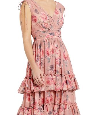 Drawstring Shoulder Floral Chiffon Tiered Gown