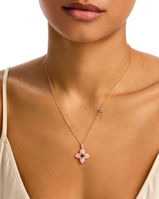 18K Yellow Gold Venetian Princess Pink Opal & Diamond Flower Pendant Necklace, 16-18"