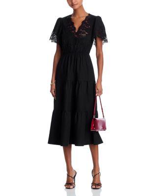 Short Sleeved Lace V Neck Midi Dress - Exclusive