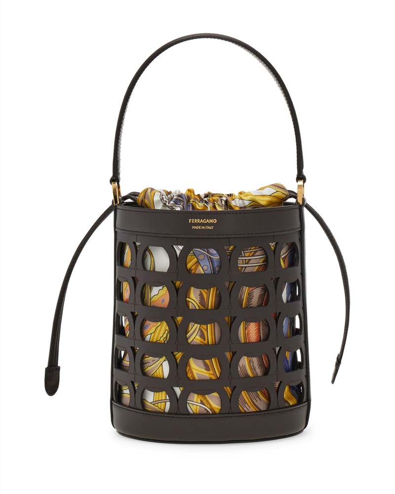 Ferragamo Gancini Mini Leather Bucket Bag in Testa Di Moro