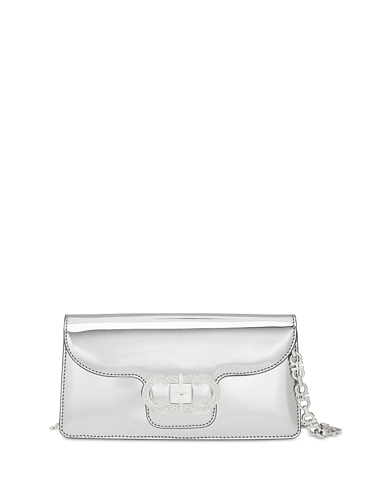 Ferragamo Double Gancini Mini Metallic Leather Chain Bag In Silver