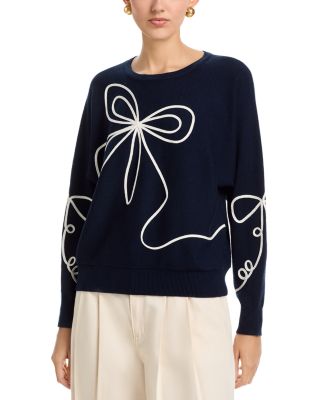 Long Sleeved Bow Embroidery Jersey Crewneck Pullover Sweater