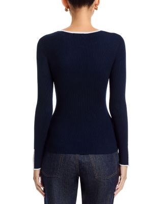 Long Bell Sleeved Rib Contrast Tipping Crewneck Pullover Sweater