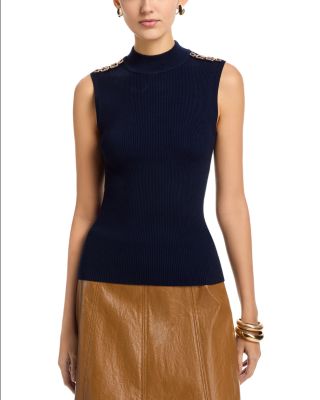 Sleeveless Rib Chain Trim Mock Neck Pullover Sweater