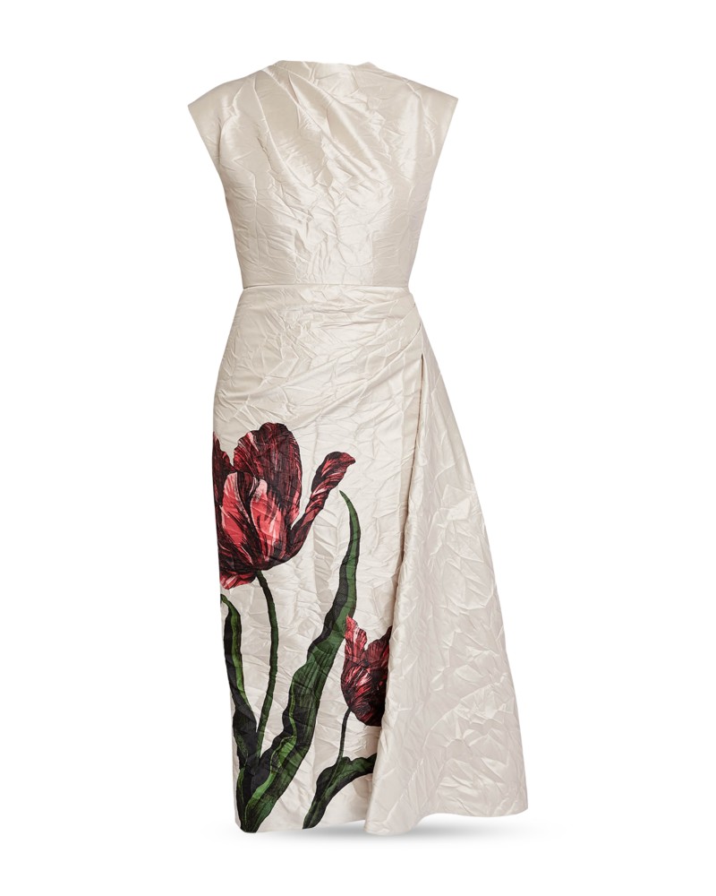Erdem Short Sleeve Draped Dress in Etched Tulip Cameo Pink