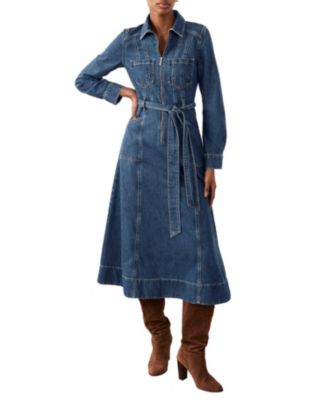 Women's Denim Belted Midi Shirt Dress