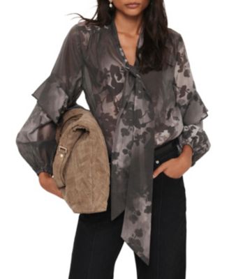 Women's Floral Tie-Neck Sheer Blouse with Ruffle Sleeves