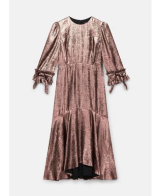 Women's Metallic Midi Dress with Puff Shoulders