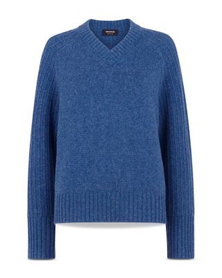 Wool Ribbed Sleeve V Neck Knit Sweater