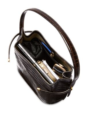 Belted Croc-Embossed Bucket Bag in Dark Brown