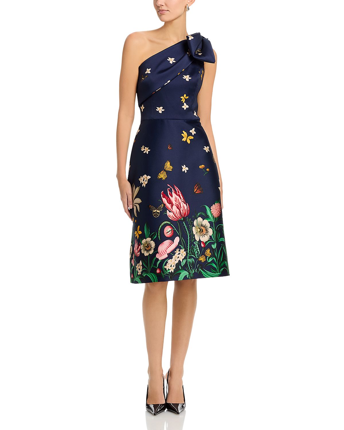 Teri Jon by Rickie Freeman Mikado Floral Butterfly One Shoulder Dress