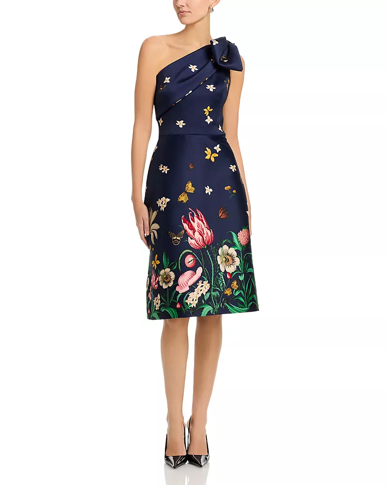Teri Jon by Rickie Freeman Mikado Floral Butterfly One Shoulder Dress