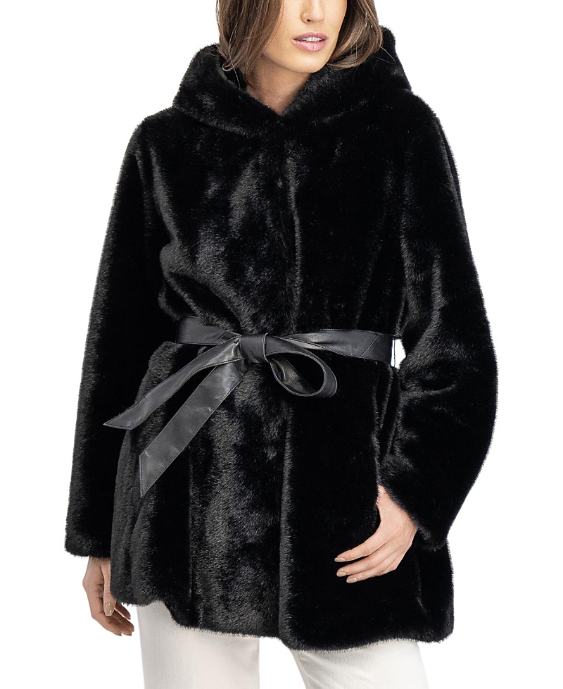 Lyla Grant Faux Fur Mink Parka Coat With Belt In Black