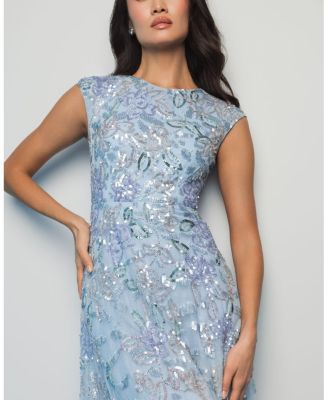 Sequined High Neck Cap Sleeve A Line Gown