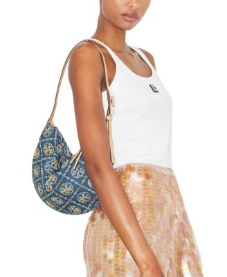 T Monogram Embellished Denim Shoulder Bag