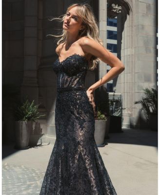 Strapless Sweetheart Lace Embellished Beaded Trumpet Gown