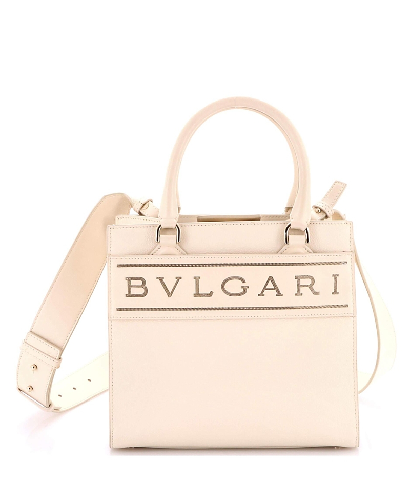 Pre-owned Pre-owned Bvlgari Bvlgari Small Logo Convertible Tote Embroidered Leather In White