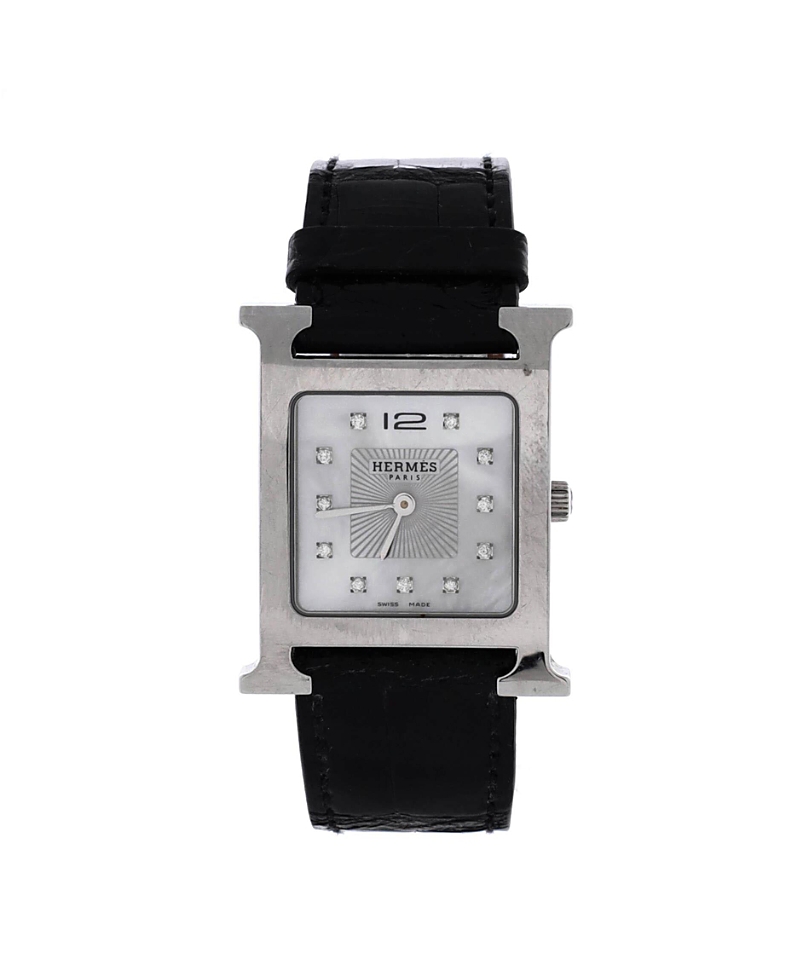 Pre-owned Pre-owned Hermes Hermes Heure H Quartz Watch In Stainless Steel And Alligator With Diamond Markers And Moth In Silver