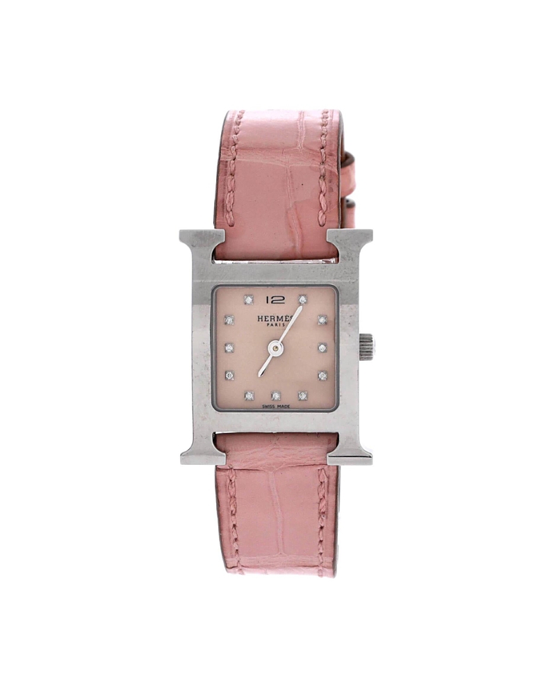 Pre-owned Pre-owned Hermes Hermes Heure H Quartz Watch In Stainless Steel And Alligator With Diamond Markers And Moth In Pink