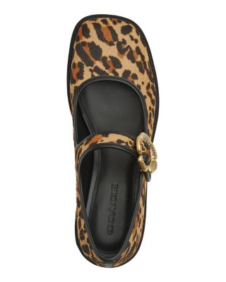 Women's Tea Rose Leopard Print Calf Hair Mary Jane Flats