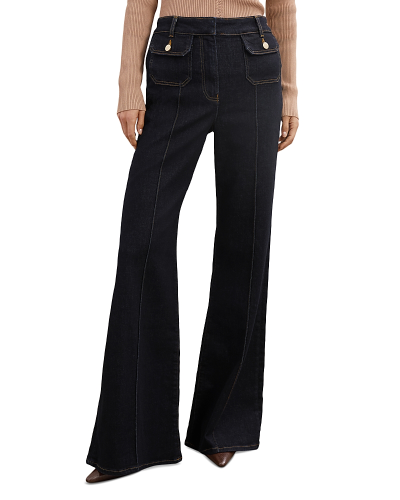 Reiss Ria High Rise Button Detail Flare Jeans in Dark Blue