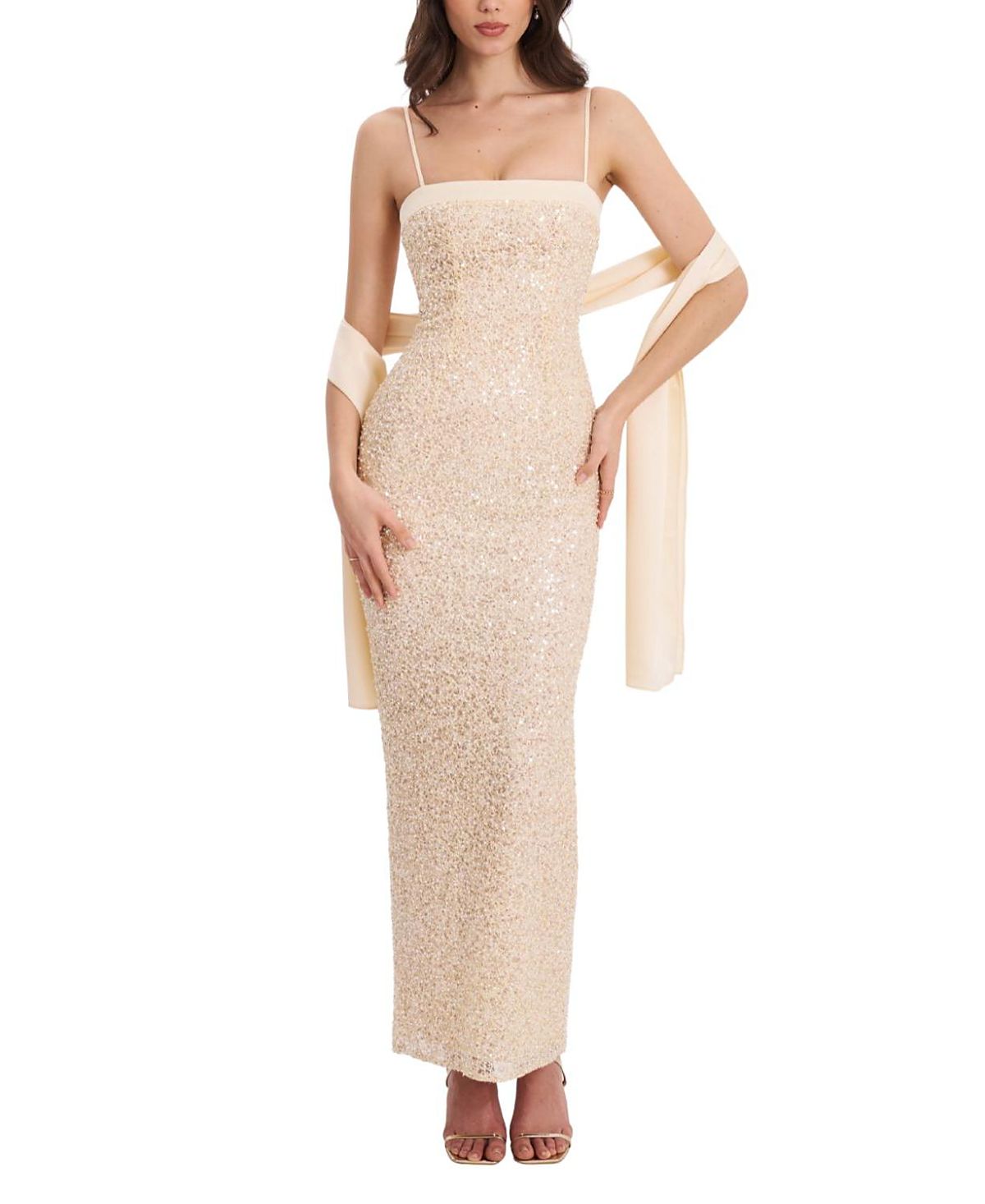 Miss Circle Raizell Beaded Sequin Bodycon Gown with Scarf